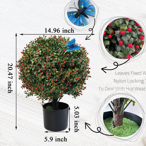Artificial Boxwood Topiary Ball Tree 20.47" Tall Set of 2 simulated potted plants and 12 simulated butterflies ,Suitable for indoor outdoor home garden potted bushes UV protection potted plants (Red) in Saudi Arabia