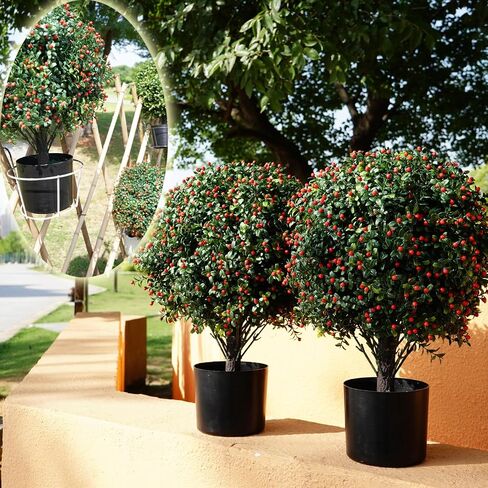 Artificial Boxwood Topiary Ball Tree 20.47" Tall Set of 2 simulated potted plants and 12 simulated butterflies ,Suitable for indoor outdoor home garden potted bushes UV protection potted plants (Red) in Saudi Arabia