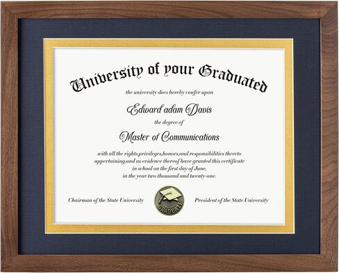 Fun Memories 11x14 Diploma Frame, 100% Solid Walnut Wood Certificate Picture Frame with High Definition Glass, Document Frame for Wall and Tabletop, Blue Mat in Kuwait