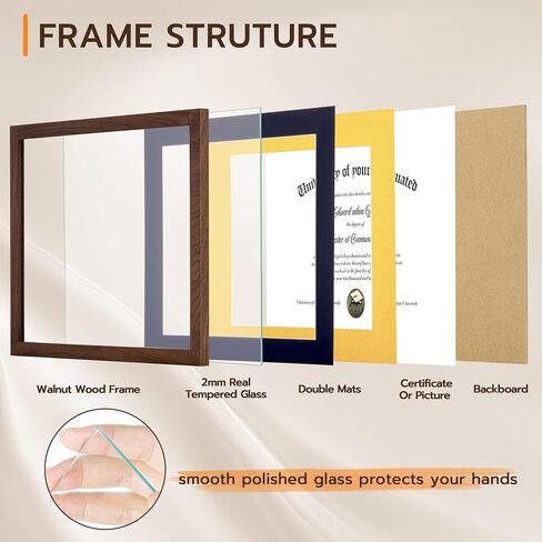 Fun Memories 11x14 Diploma Frame, 100% Solid Walnut Wood Certificate Picture Frame with High Definition Glass, Document Frame for Wall and Tabletop, Blue Mat in Kuwait