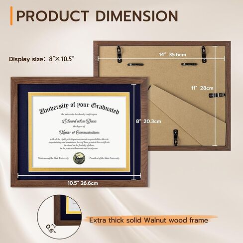 Fun Memories 11x14 Diploma Frame, 100% Solid Walnut Wood Certificate Picture Frame with High Definition Glass, Document Frame for Wall and Tabletop, Blue Mat in Kuwait