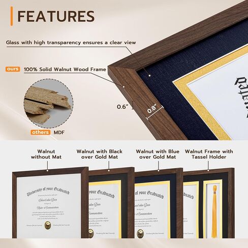 Fun Memories 11x14 Diploma Frame, 100% Solid Walnut Wood Certificate Picture Frame with High Definition Glass, Document Frame for Wall and Tabletop, Blue Mat in Kuwait