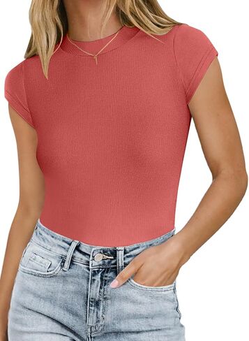 MISSJOY Women Crew Neck Short Sleeve Ribbed Stretchy Casual Slim Fit Bodysuit T Shirts Tops in Kuwait
