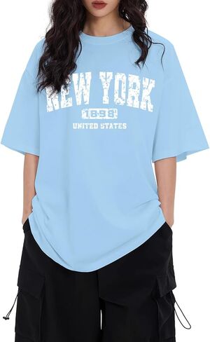 تي شيرت نسائي كبير الحجم تي شيرت برسوم علم الولايات المتحدة الأمريكية تي شيرت كلاسيكي فضفاض بأكمام قصيرة تيشيرتات صيفية فضفاضة من القطن برقبة دائرية in Kuwait