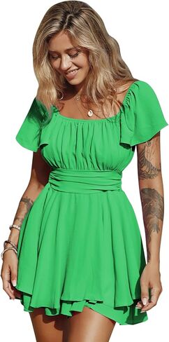 EXLURA Women's 2024 Summer Ruffle Short Sleeve Tie Back Romper Dress Square Neck A Line Cute Dressy Short Jumpsuits in Kuwait