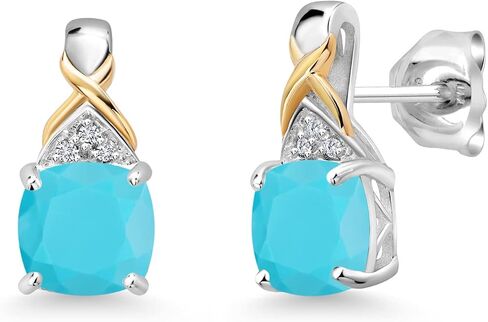 Gem Stone King 925 Sterling Silver and 10k Yellow Gold Brown Tiger Eye and White Lab Grown Diamond Earrings For Women (2.01 Cttw, Gemstone, Cushion 6MM) in Saudi Arabia