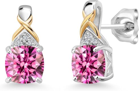 Gem Stone King 925 Sterling Silver and 10k Yellow Gold Brown Tiger Eye and White Lab Grown Diamond Earrings For Women (2.01 Cttw, Gemstone, Cushion 6MM) in Saudi Arabia