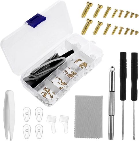 Eyeglass Repair Kit with Screws, Gold Eye Glass Repairing Kit Glasses Repair Tool with Precision Screwdriver, Nose Pads, Cleaning Cloth, Tweezers for Eyeglasses, Sunglasses, Watch, Clock Repair in Saudi Arabia