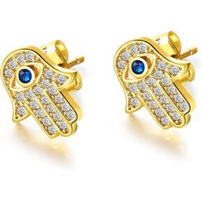 Oidims Evil Eye Protection Hamsa Hand of Fatima Stud Earring for Women Girls 18K Gold Post Stainless Steel Cubic Zirconia Hypoallergenic Dainty CZ Best Friend Jewelry