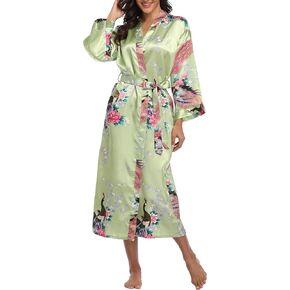 Womens Silky Kimono Long Robes with Peacock and Blossoms Pure Color Satin Robe for Women Wedding Party Nightgown