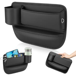 2 Pack Car Seat Gap Filler, Automotive Seat Leather Storage Box with Cup Holder, Universal Seat Gap Organizer, Adjustable Car Seat Storage Box, for Phones Glasses Keys Cards (Black)