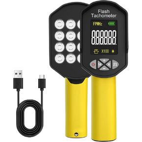 LED Stroboscope, RPM Meter 60-100000RPM, Rechargeable Handheld Tachometer, Non Contact Strobe Tachometer with 16 LED Adjustable Lamp Beads for Fan, HVAC Motor Engine, Tire-Yellow
