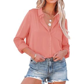 Karlywindow Womens Long Sleeve Shirts Button Down V Neck Casual Summer Beach Tops Blouses