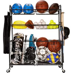 Sports Equipment Organizer, Ball Organizer for Garage, Ball Storage Rack, Wood, Metal, Rolling Sports Storage Cart with Wheels, Garage Toy Storage Organizer, Retro, Fashion