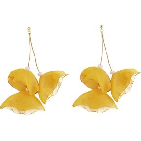 Long Floral Chiffon Earrings Flower Petal Rhinestone Dangle for Women Chiffon Floral Tassel Earrings for Vacation Wedding