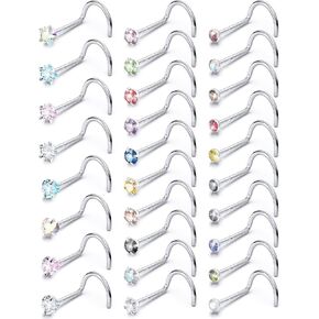 Boernfnso 20G Nose Rings Stud surgical steel Nose Piercing Jewelry For Women Men Opal CZ Stars Heart shape Nose Ring 6.5mm~7mm Bar Length，Top Balls 2mm-4mm 16Pcs Pink Blue Purple White Nose Ring