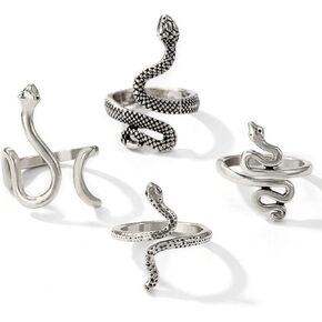 Caiyao Vintage 4Pcs Punk Gothic Adjustable Snake Serpent Ring Set Goth Cool Boho Reptile Cobra Animal Statement Finger Exaggerated Jewelry for Women Teens