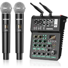 4 Channel Audio Interface With Dual Wireless Mic Sound Board Console MP3 Bluetooth 48V Phantom Power USB Interface Audio Mixerfor Home Karaoke Party Computer Studio Recording