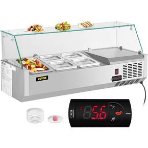 VEVOR Refrigerated Condiment Prep Station, 40-Inch, 7.8Qt Sandwich Prep Table with 1 1/3 Pan & 4 1/6 Pans, 150W Salad Bar with 304 Stainless Body Tempered Glass Shield Digital Temp Display Auto Defros