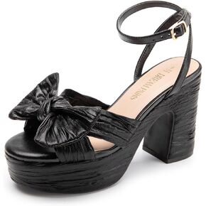 DREAM PAIRS Women's Chunky Platform Heels Sandals Pleated Bow Knot Ankle Buckle Strap Heeled Sandals Open Toe Comfortable Wedding Party Dress Shoes