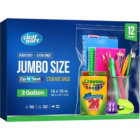 12 Large Plastic Bags With Zipper Top - 3 Gallon Bags 16" x 18", Extra Large Storage Bags for Clothes, Travel, Moving, Large Reusable freezer bags, BPA-Free, 2-mil Thick Clear Plastic Bags