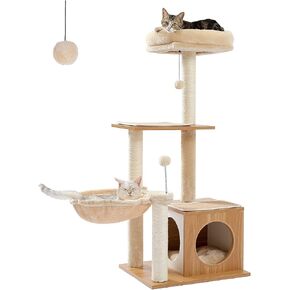 PEQULTI Cat Tree Modern Cat Tower for Indoor Cats,Multilevel Cat Play House with Large Condo, Spacious Hammock, Cozy Top Perch,Scratching Post and Dangling Balls