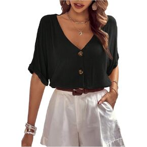 Floerns Women's Casual Solid Button Front V Neck Flare Short Sleeve Blouse Top