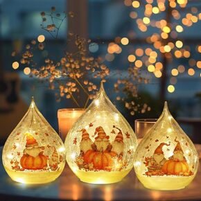NEEDOMO Fall Decorations for Home, Set of 3 Crackle Glass Ball with LED Lights for Fall Table Decor, Lighted Globes Autumn Centerpieces with Timer for Indoor Tabletop Mantel Thanksgiving Decorations