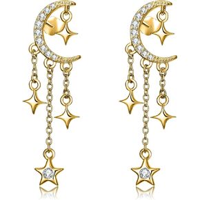 OHAYOO Moon Star Stud Earrings 925 Sterling Silver Crescent Moon Star Earrings with Sparkling CZ Moon Star Tassel EarringsEarrings