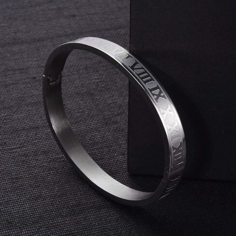 Gold Silver Rose Gold Plated Bracelets for Men Women Roman Numeral Bangle Bracelet Stainless Steel Personalized Engraved Unisex Gift (Silver 4mm Womens) in Saudi Arabia