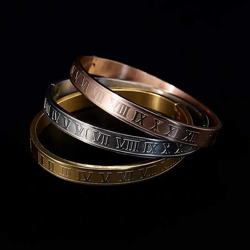 Gold Silver Rose Gold Plated Bracelets for Men Women Roman Numeral Bangle Bracelet Stainless Steel Personalized Engraved Unisex Gift (Silver 4mm Womens) in Saudi Arabia