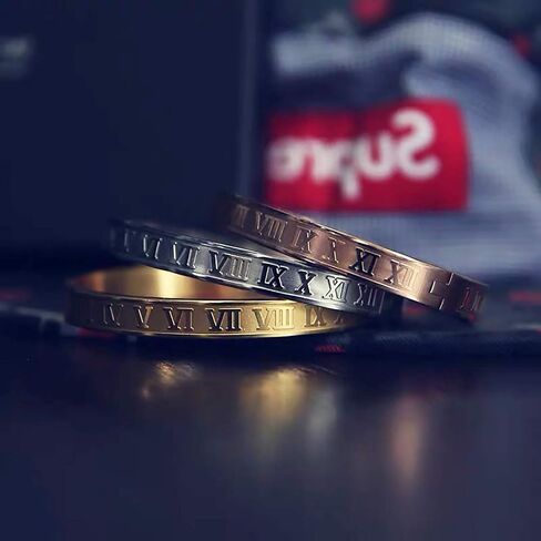 Gold Silver Rose Gold Plated Bracelets for Men Women Roman Numeral Bangle Bracelet Stainless Steel Personalized Engraved Unisex Gift (Silver 4mm Womens) in Saudi Arabia