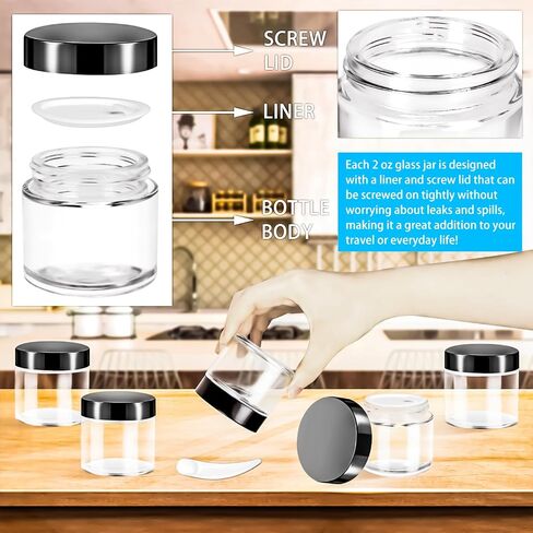 MotBach 4 Pack 2oz Glass Jars with Lids,Small Glass Jars with Lids and Inner Liners,60ml Empty Glass Jars Travel Toiletries Cosmetic Containers with Spatulas for Slime Sample Lip Balm Cream Lotion in Saudi Arabia