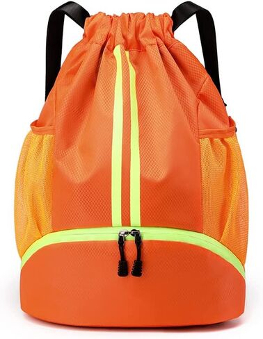 Black Drawstring Gym Bag for Men, Waterproof Drawstring Backpack for Women, Swim Bag with Shoes Compartment, Pull String Sport Bag for Soccer and Basketball. in Saudi Arabia