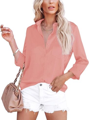 قمصان Karlywindow النسائية بأكمام طويلة وأزرار سفلية ورقبة على شكل حرف V كاجوال للصيف والشاطئ in Kuwait