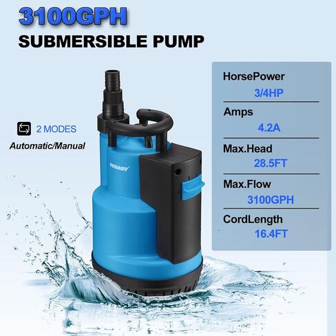 مضخة مياه غاطسة 3/4HP 3100GPH، مضخة مستنقع محمولة، نقل مياه المرافق مع سلك بطول 16.4 قدم لتصريف حوض السباحة، الطابق السفلي من الفيضان، بركة الحديقة، التحكم التلقائي/اليدوي عن طريق مفتاح تعويم متكامل in Saudi Arabia