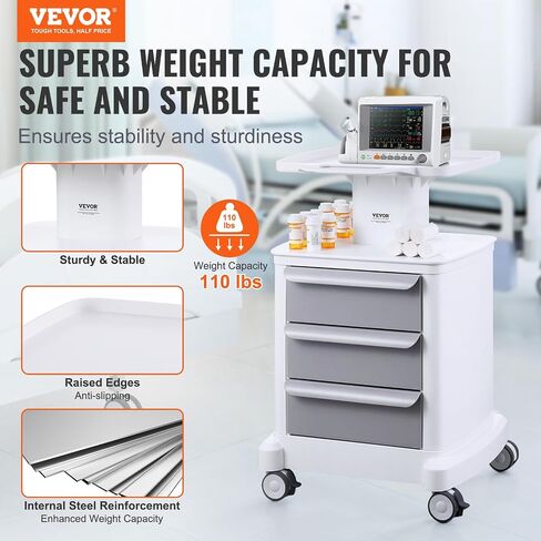 VEVOR 4 Tiers Mobile Medical Cart, Lab Carts with 3 Drawers & Top Tray, Trolley Storage Cart with ABS Material, Lab Rolling Cart with 4 Silent Wheels for Lab, Clinic, Hospital, Salon, Office, White in Kuwait