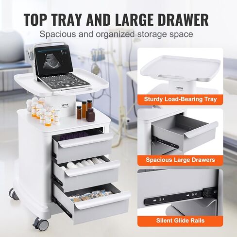 VEVOR 4 Tiers Mobile Medical Cart, Lab Carts with 3 Drawers & Top Tray, Trolley Storage Cart with ABS Material, Lab Rolling Cart with 4 Silent Wheels for Lab, Clinic, Hospital, Salon, Office, White in Kuwait