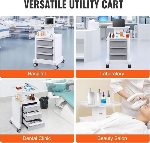 VEVOR 4 Tiers Mobile Medical Cart, Lab Carts with 3 Drawers & Top Tray, Trolley Storage Cart with ABS Material, Lab Rolling Cart with 4 Silent Wheels for Lab, Clinic, Hospital, Salon, Office, White in Kuwait