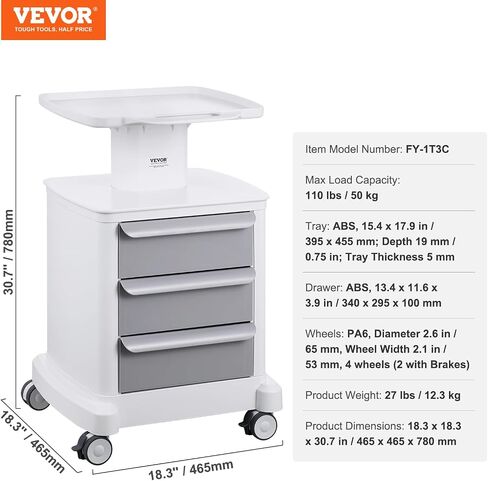 VEVOR 4 Tiers Mobile Medical Cart, Lab Carts with 3 Drawers & Top Tray, Trolley Storage Cart with ABS Material, Lab Rolling Cart with 4 Silent Wheels for Lab, Clinic, Hospital, Salon, Office, White in Kuwait
