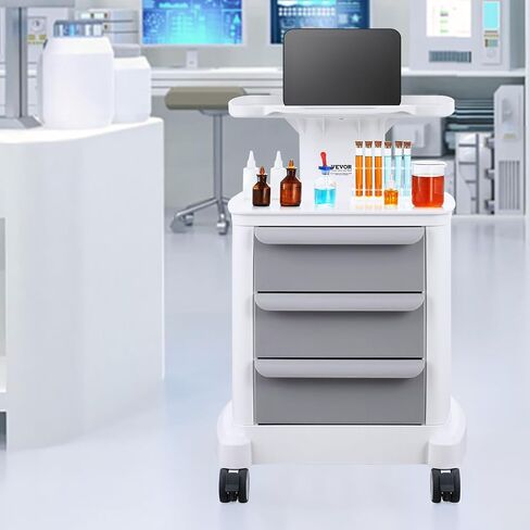 VEVOR 4 Tiers Mobile Medical Cart, Lab Carts with 3 Drawers & Top Tray, Trolley Storage Cart with ABS Material, Lab Rolling Cart with 4 Silent Wheels for Lab, Clinic, Hospital, Salon, Office, White in Kuwait