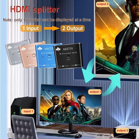 موزع HDMI 8K، محول HDMI 2 في 1 مخرج/ 1 في 2 مخرج HDMI، مطلي بالذهب 4K@120 هرتز، 8K@60 هرتز، محول HDMI 2.1 فائق الدقة من الألومنيوم بسرعة 48 جيجابت في الثانية، محول ثنائي الاتجاه يدعم PS3/4/5، Xbox Blu-Ray لاعب فاير ستيك روكو in Kuwait
