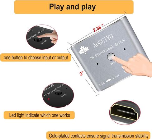 موزع HDMI 8K، محول HDMI 2 في 1 مخرج/ 1 في 2 مخرج HDMI، مطلي بالذهب 4K@120 هرتز، 8K@60 هرتز، محول HDMI 2.1 فائق الدقة من الألومنيوم بسرعة 48 جيجابت في الثانية، محول ثنائي الاتجاه يدعم PS3/4/5، Xbox Blu-Ray لاعب فاير ستيك روكو in Kuwait