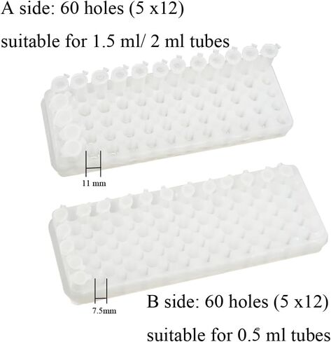 1 Pcs Microcentrifuge Tube Rack for 0.5ml-2ml Centrifugal Pipe, Lab Test Tubes Rack Holder, Double-Sided 60 Holes Plate with Hole Diameter 7.5mm and 11mm (White) in Kuwait