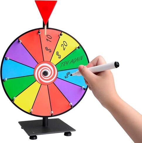عجلة جائزة عالية التحمل مقاس 12 بوصة من Klvied، عجلة دوارة ملونة على سطح الطاولة ذات 12 فتحة مع نقرتين للنموذج، عجلة دوارة كرنفال مع أقلام مسح جافة وممحاة للعرض التجاري، لعبة Fortune Spin in Kuwait