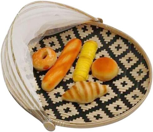 Food Serving Tent Basket - BESTCHANCEUS Hand-Woven Bamboo-Serving-Basket Dustproof-Bug-Proof Mosquitoesor Vegetable Fruits Food Meals Black Round Dia.30cm in Saudi Arabia