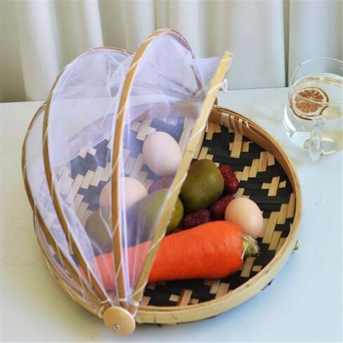Food Serving Tent Basket - BESTCHANCEUS Hand-Woven Bamboo-Serving-Basket Dustproof-Bug-Proof Mosquitoesor Vegetable Fruits Food Meals Black Round Dia.30cm in Saudi Arabia