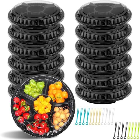 12 Pack Round Plastic Veggie Tray with Lid, Fruit Tray 6/5/3 Divided Compartment Container Food Serving Dip Platter Reusable Catering Trays for Veggie Fruit Snack Party and Buffet Trays in Saudi Arabia