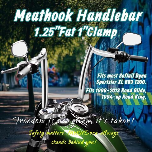 MoKitDora Sportster Dyna Softail 10" Rise Ape Hangers 1.25" Fat 1" مشبك المقود قضبان Meathook لـ Harley XL 883/1200,1994-up Road King & 1998-2013 Road Glide، أسود لامع in Kuwait