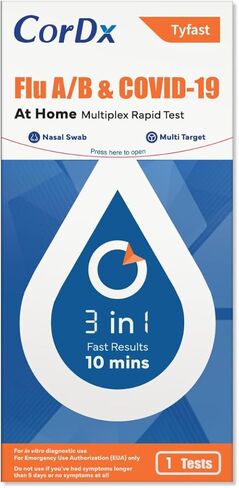 CorDx TyFast Flu A/B & Covid-19 Multiplex Rapid Test, 10 Mins at Home, FDA Authorized, 3-in-1 Combo Kit, 1 Test in Saudi Arabia